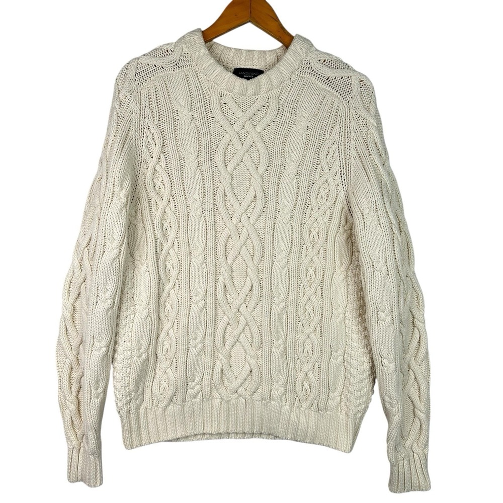 Lands' End Cream Cable Knit Crewneck Sweater